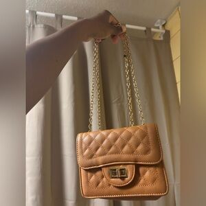 Elegant Tan Quilted Chain Shoulder Bag